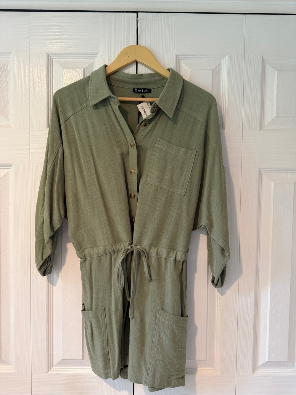 Very J Olive Green Button-Front Tie-Waist Utility Romper